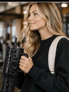 Matte Black Leopard Print HYDROJUG Tumbler with Straw